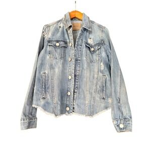 BLANKNYC Distressed Denim Jacket Light Wash Button Up Crop Raw Hem Size S
